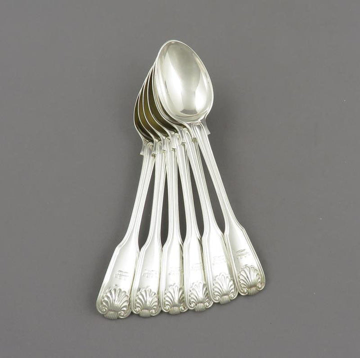 Six Silver Fiddle Thread &amp; Shell Coffee spoons - JH Tee Antiques