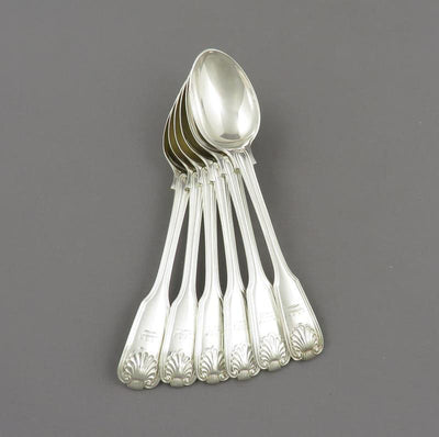 Six Silver Fiddle Thread & Shell Coffee spoons - JH Tee Antiques