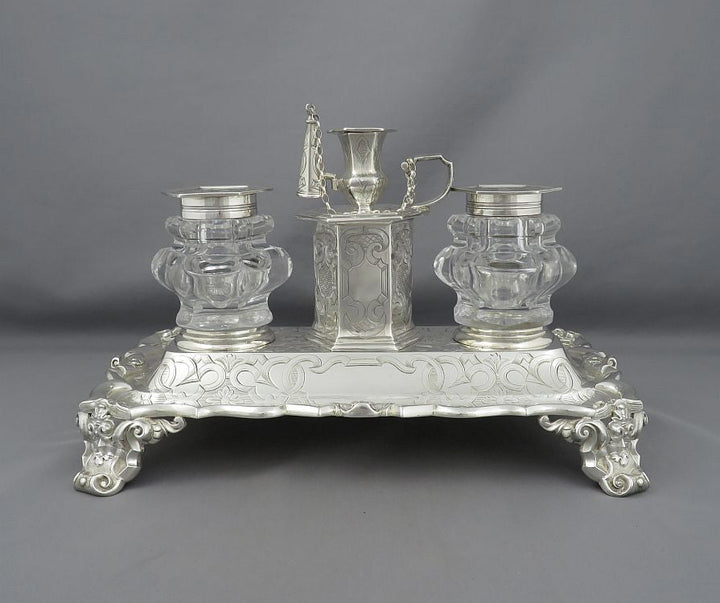 Victorian Gothic Sterling Silver Inkstand - JH Tee Antiques