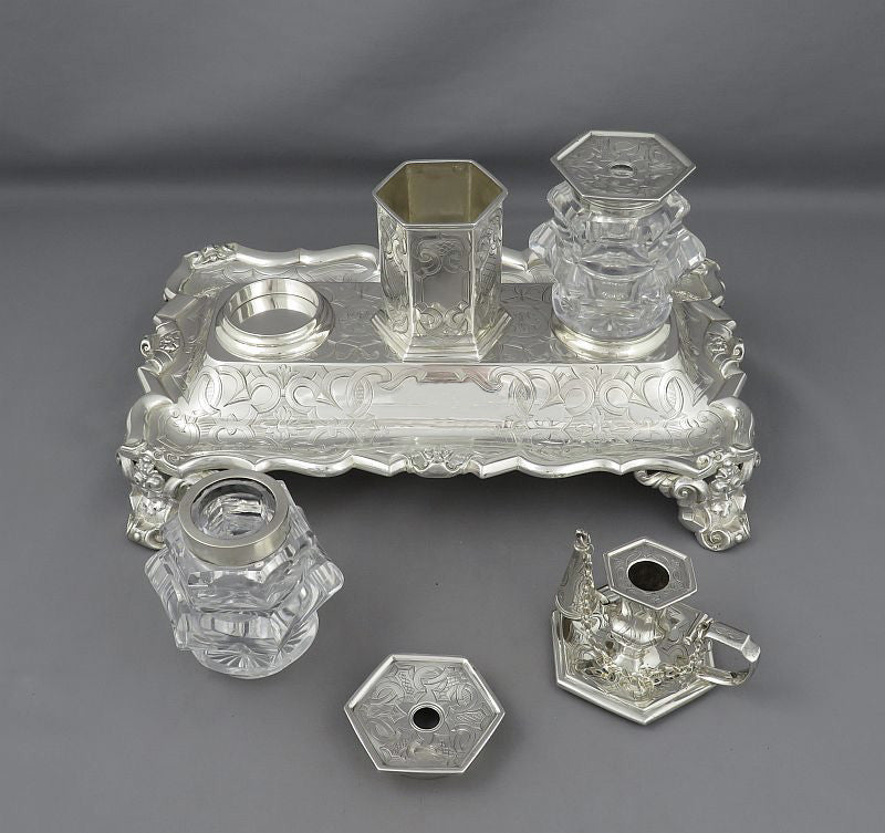 Victorian Gothic Sterling Silver Inkstand - JH Tee Antiques