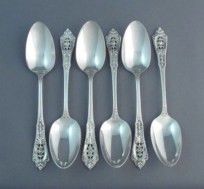 Six Sterling Silver Rose Point Pattern Dessert Spoons - JH Tee Antiques